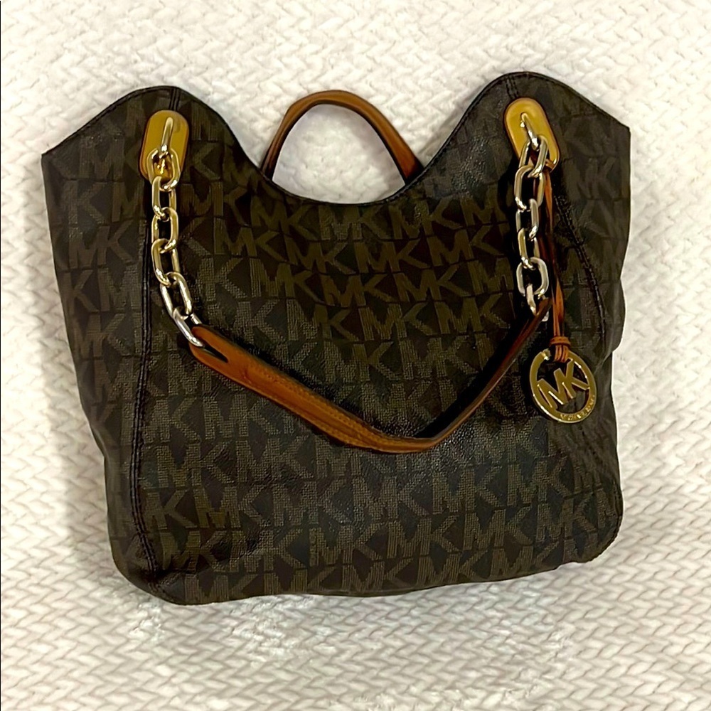 Michael Kors Signature Brown Tote Bag Leather Detail Purse